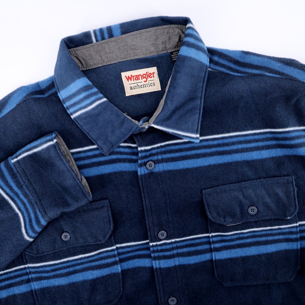NEW Wrangler Authentics Striped Fleece Flannel Blue Long Sleeve Mens XL